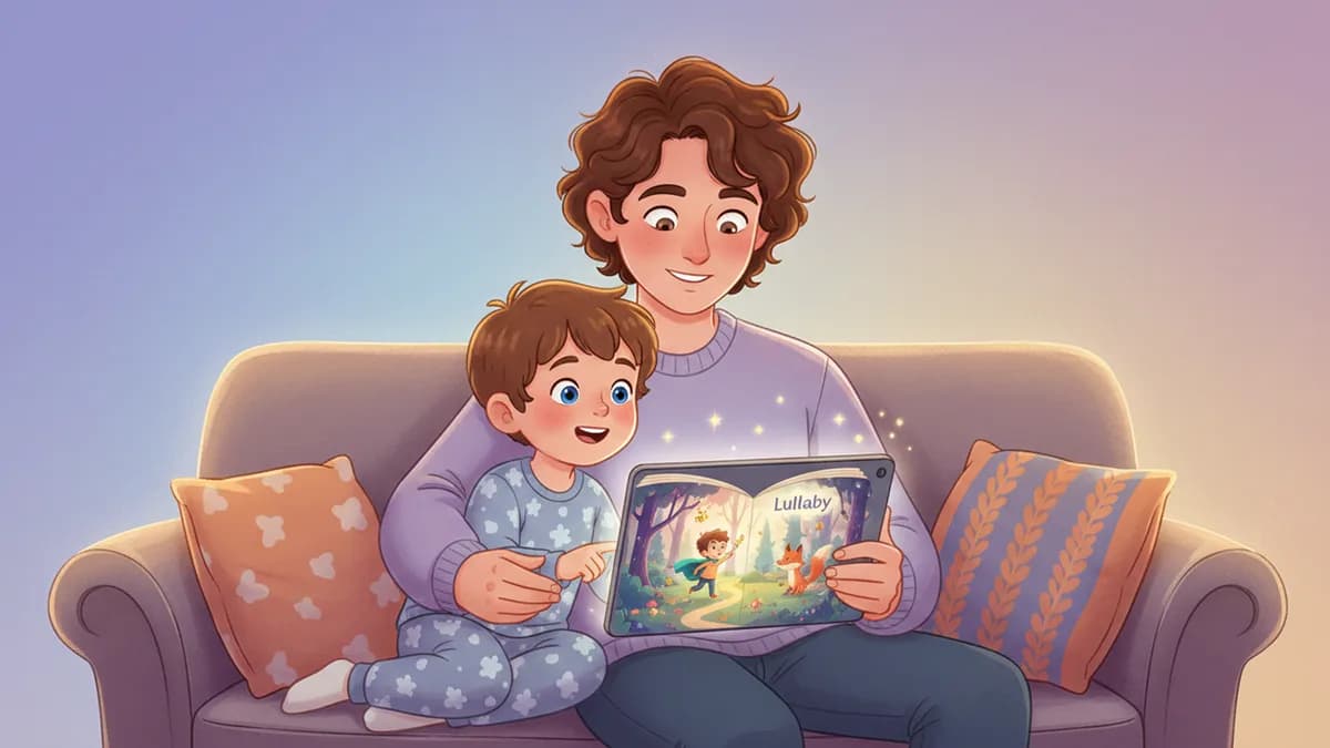 Parent creating a personalized AI storybook on a laptop with their child watching excitedly