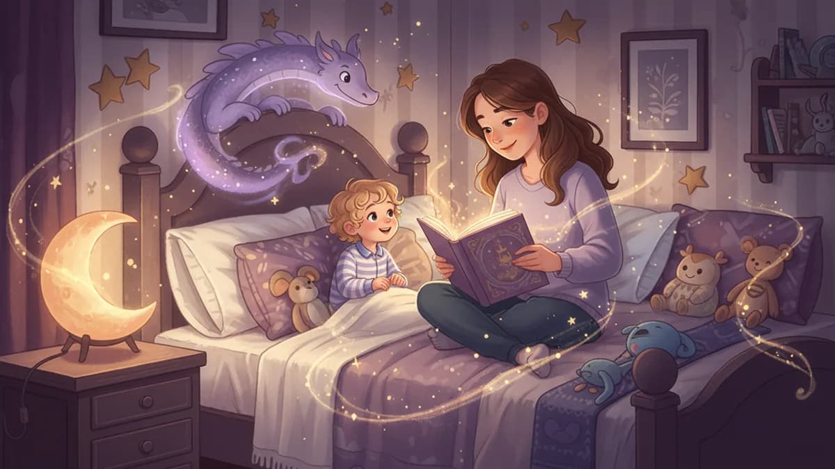 Parent reading a bedtime story to a child in a cozy bedroom with soft lighting