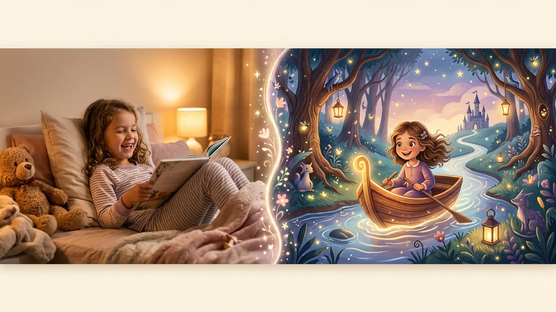 Side-by-side comparison showing a child's photo transformed into Stylized Realism illustration, displayed as a full-spread panoramic storybook page
