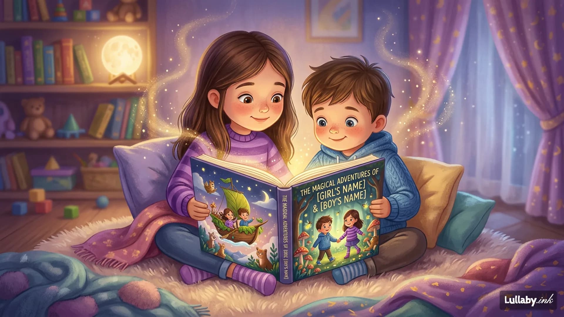 An illustrated AI picture book spread showing three cartoon children exploring a magical forest together