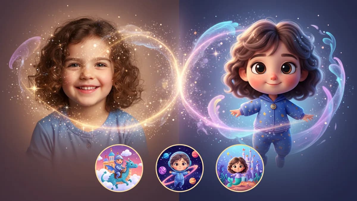 Child's photo being transformed into a cartoon storybook character across multiple illustrated scenes