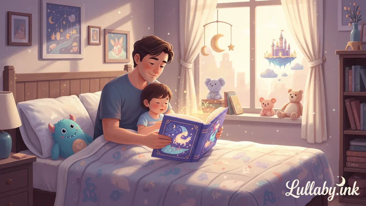 Parent reading a colorful storybook to a young child at bedtime