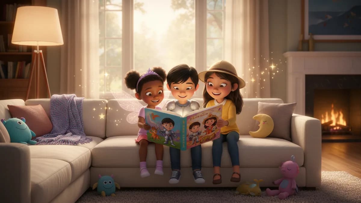 Three siblings holding a personalized sibling book with their illustrated characters on the cover
