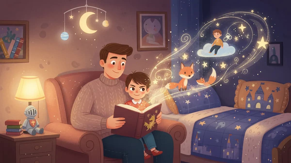 A child reading a storybook with a brave character facing their fears, surrounded by soft, comforting light