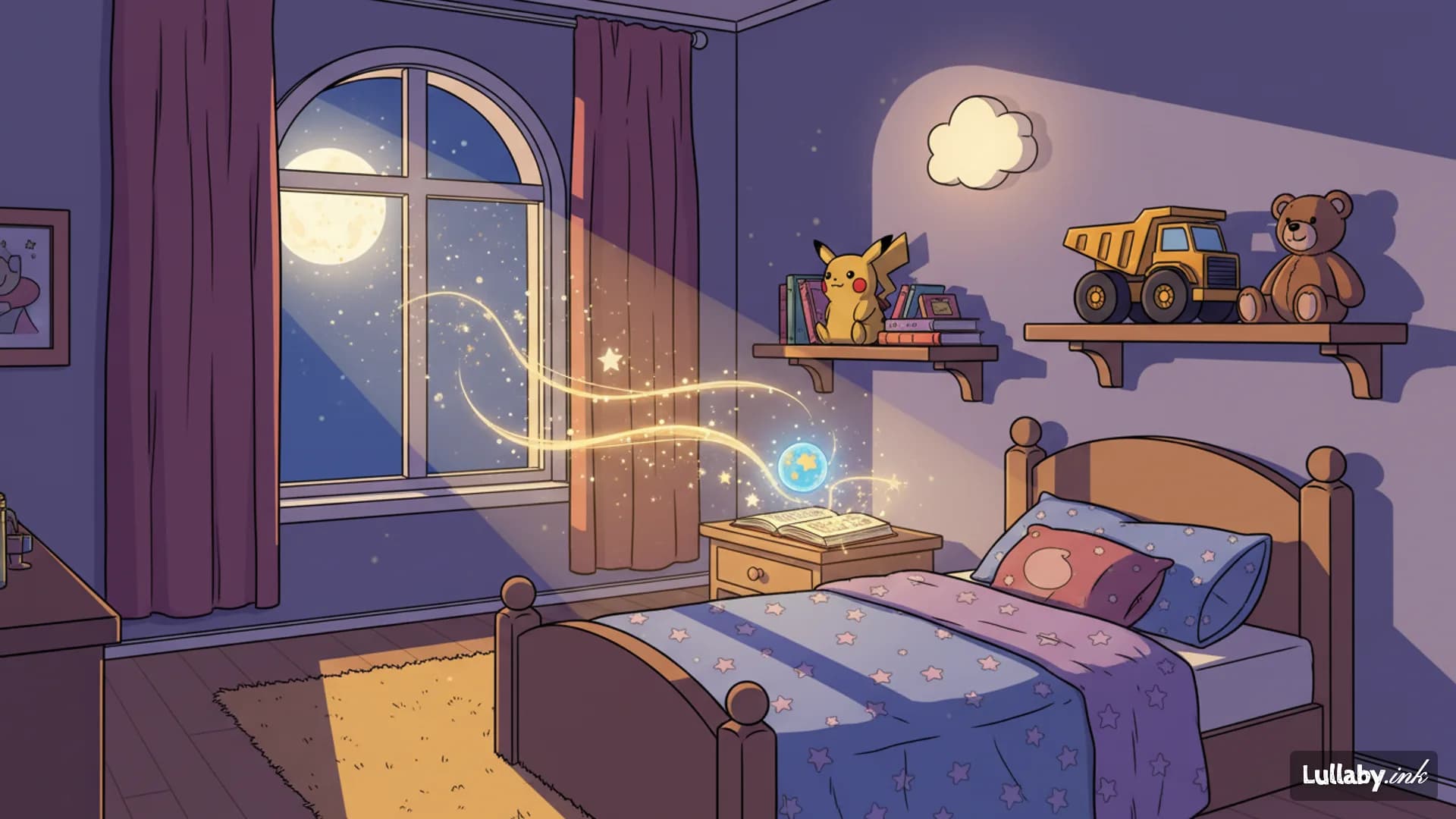 Hanna and Jamie surrounded by their toys in a colorful comic-style illustration from the personalized children's book When the Toys Tidied Up