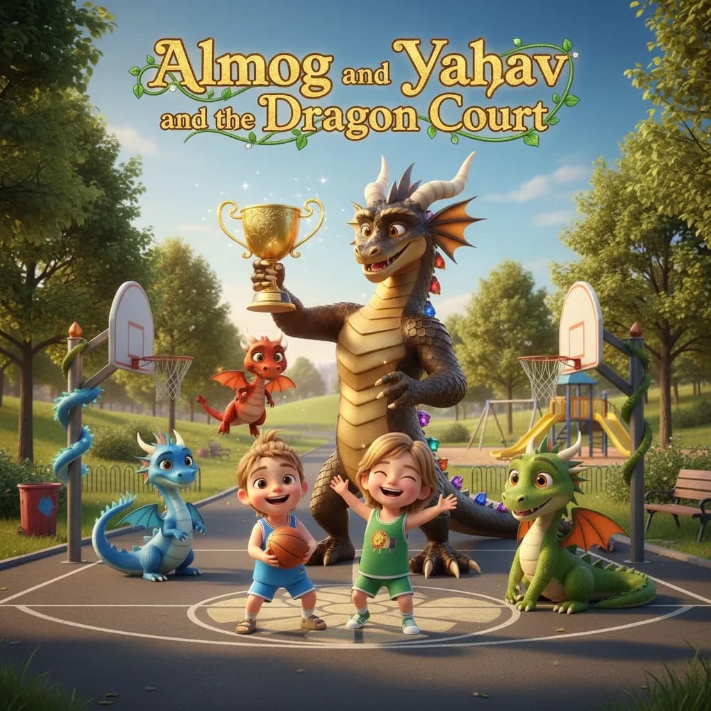 Two children in a personalized illustrated story standing at the entrance to a magical dragon basketball court