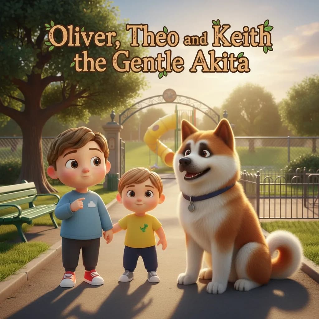 Oliver and Theo, two young brothers, meeting a gentle Akita dog in a park, illustrated in warm Pixar-style 3D animation