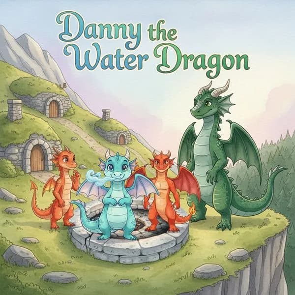Danny the water dragon illustrated in dreamy watercolor style