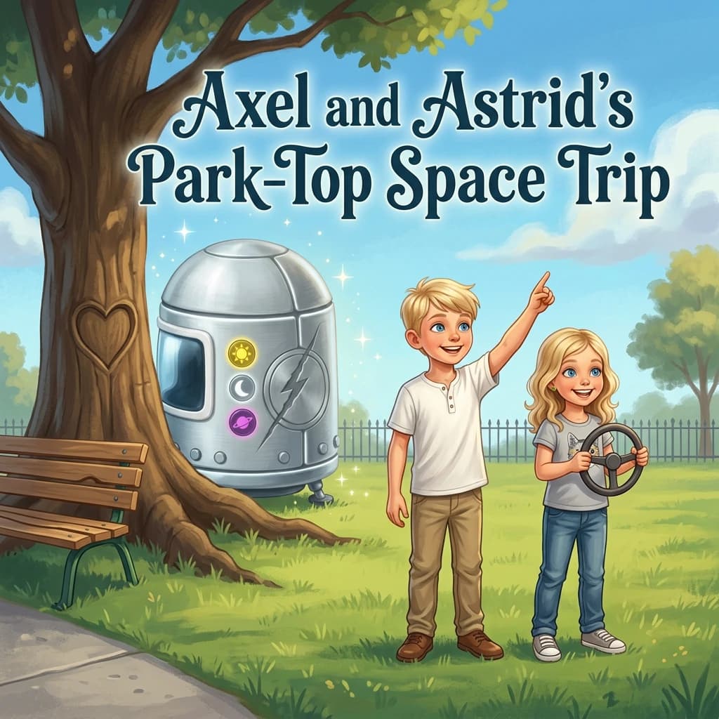Two children standing beside a silver spaceship in a park, ready for a personalized space adventure story about the solar system