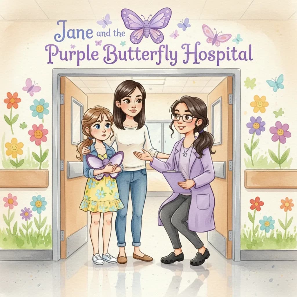 Jane standing outside a colorful butterfly hospital in dreamy watercolor style — a personalized surgery preparation story for children