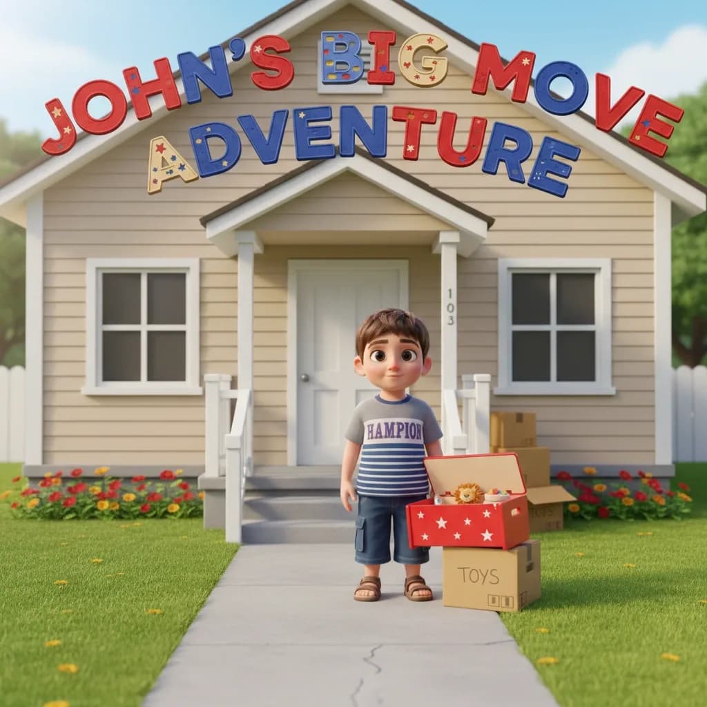 John standing with his toy box, ready for his big move adventure