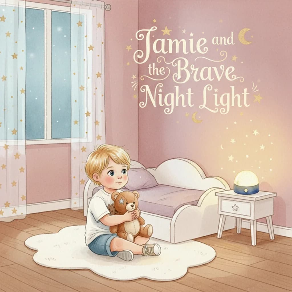 Jamie hugging a stuffed bear in a softly lit bedroom - personalized bedtime story for kids afraid of the dark
