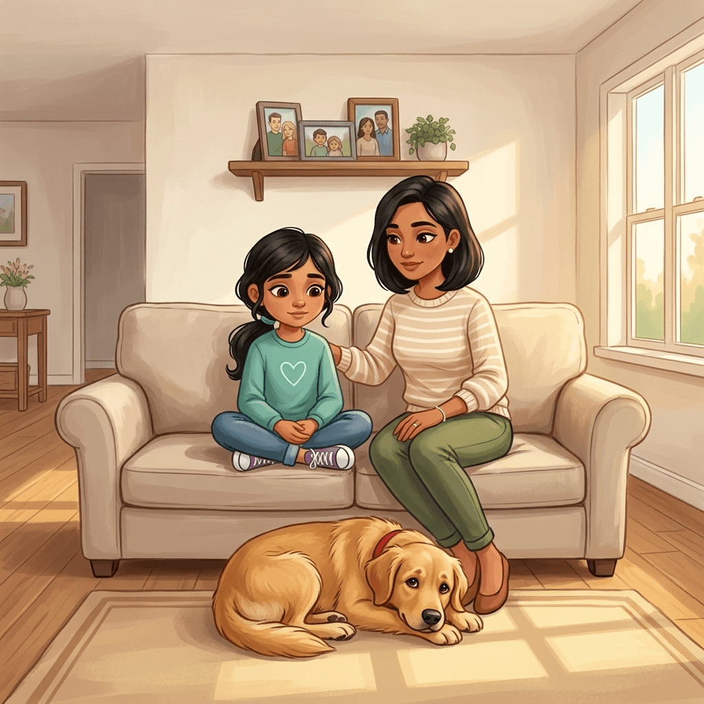 Illustrated girl sitting on a sofa with her mother's hand on her shoulder, a golden retriever resting on the rug at their feet, from a storybook about remembering a pet