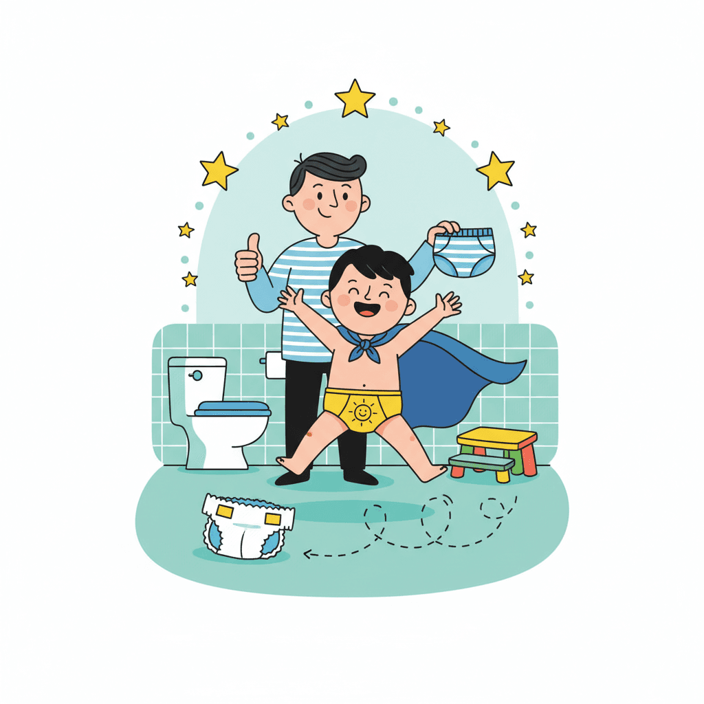 Illustration from a personalized pacifier goodbye storybook — a toddler standing tall and proud, waving goodbye to a tiny pacifier floating away like a balloon
