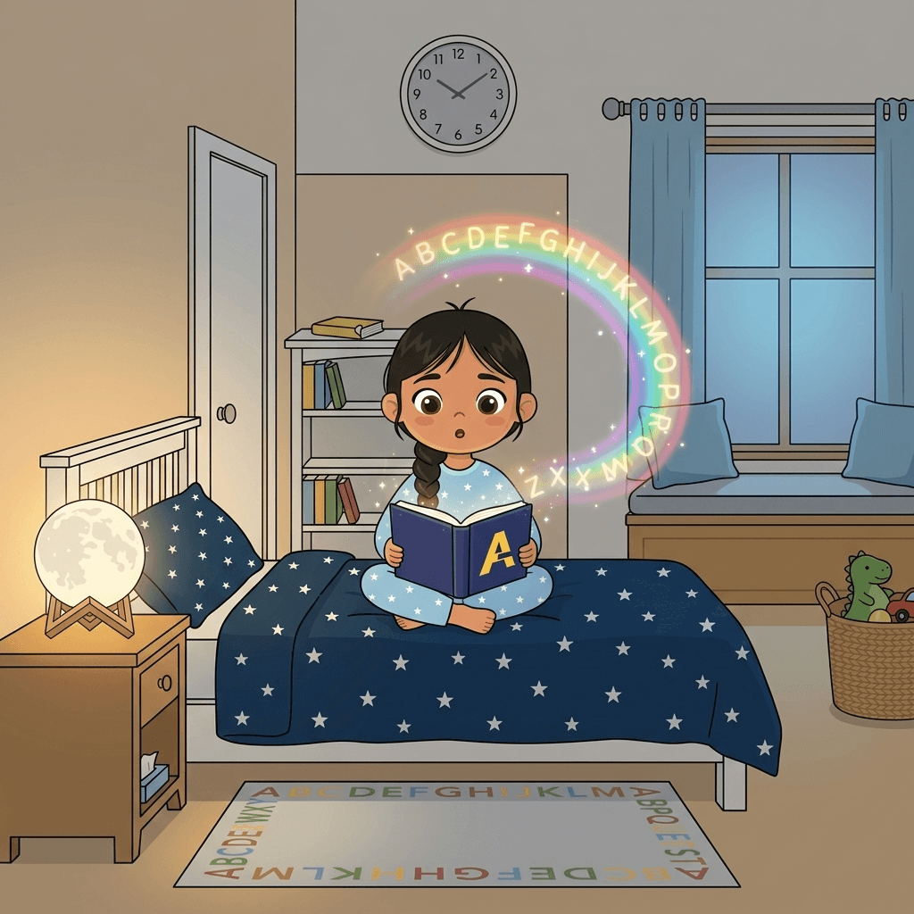 Una niña ilustrada en pijama lee un libro con una A en la portada sentada en su cama, mientras un arcoíris de letras del abecedario brilla a su alrededor