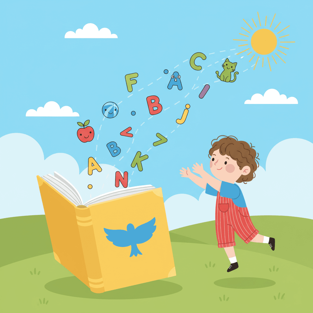 Illustrated child surrounded by letters lifting off the page of a glowing book, from a personalized children's storybook