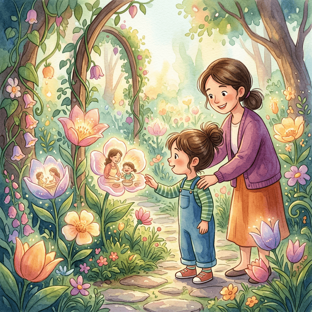 Illustration from a personalized Mother's Day storybook — a child and mom in a magical garden filled with glowing flowers, each holding a cherished memory they shared together