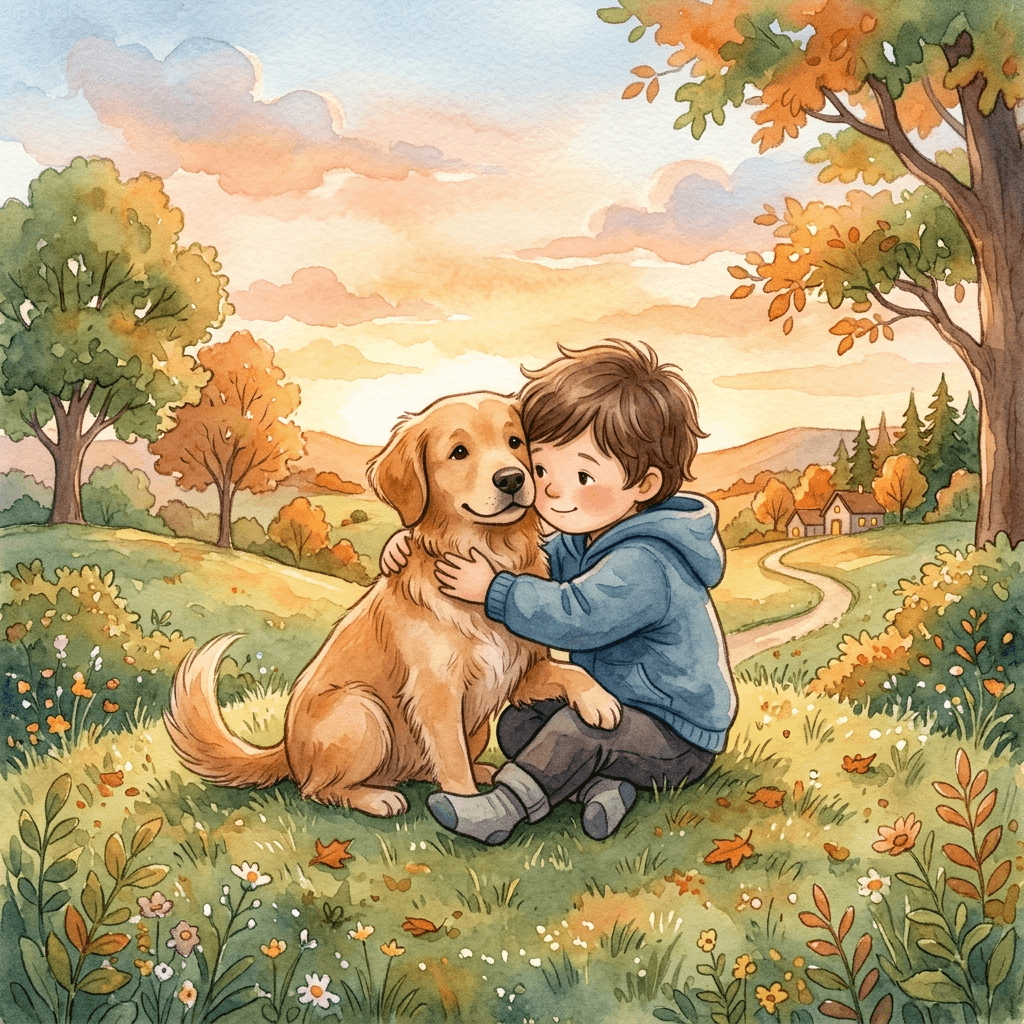 Illustration from a personalized pet storybook — a child and their dog sitting together on a front porch at sunset, illustrated in warm colors