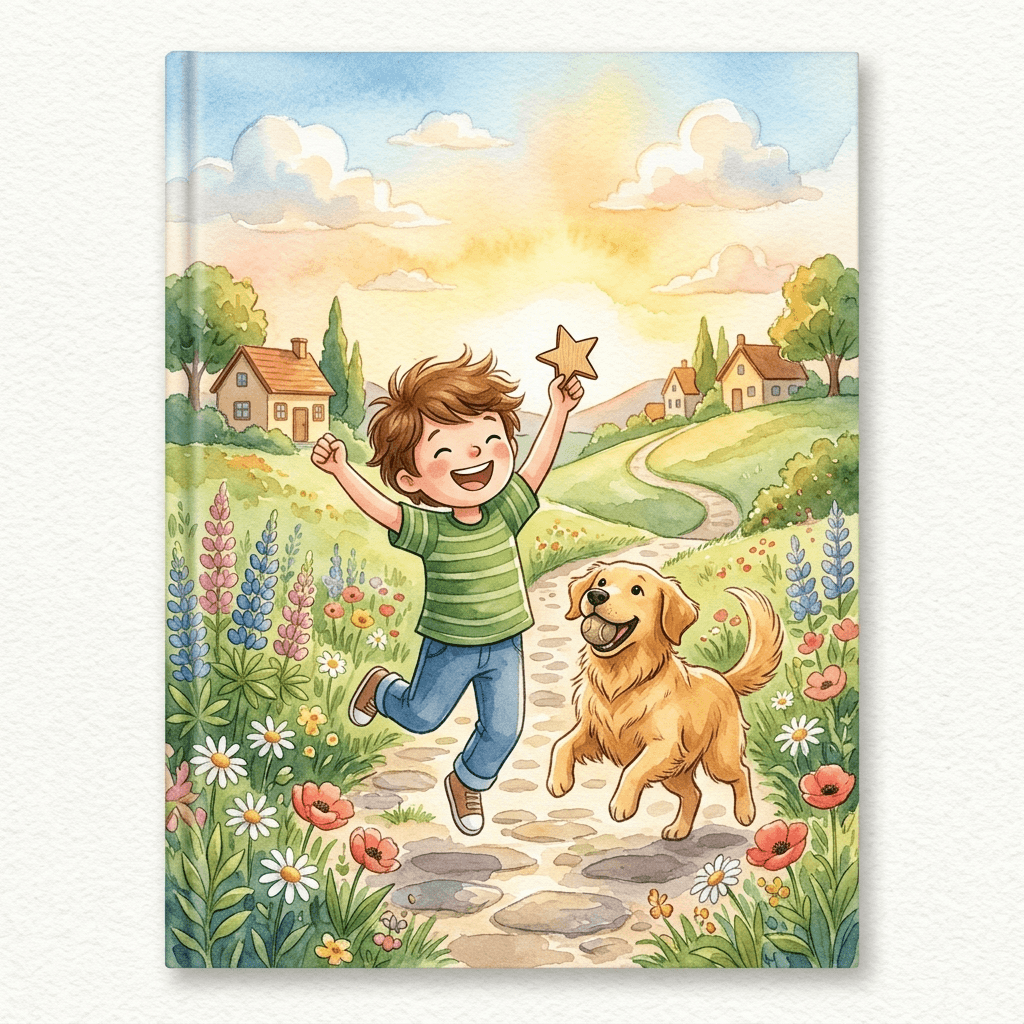 Illustration from a personalized potty training storybook — a toddler hero triumphantly raising their arms in celebration of their first potty success
