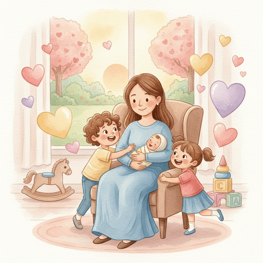 Illustrated older sister holding a newborn on her lap in a sunlit room, from a personalized new-sibling storybook