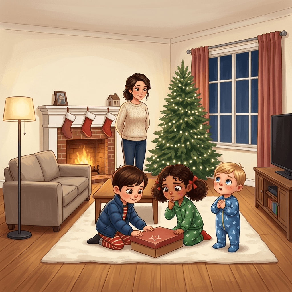 Tres hermanos ilustrados en pijama abren sobre la alfombra una caja con una estrella dibujada en la tapa, junto al árbol y la chimenea, mientras su mamá los mira, de un cuento personalizado de Reyes Magos