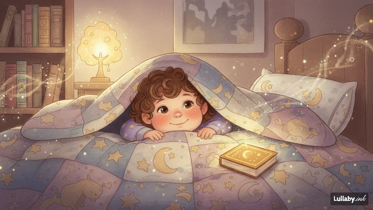 A toddler peeking out from under cozy bedcovers with a gentle smile