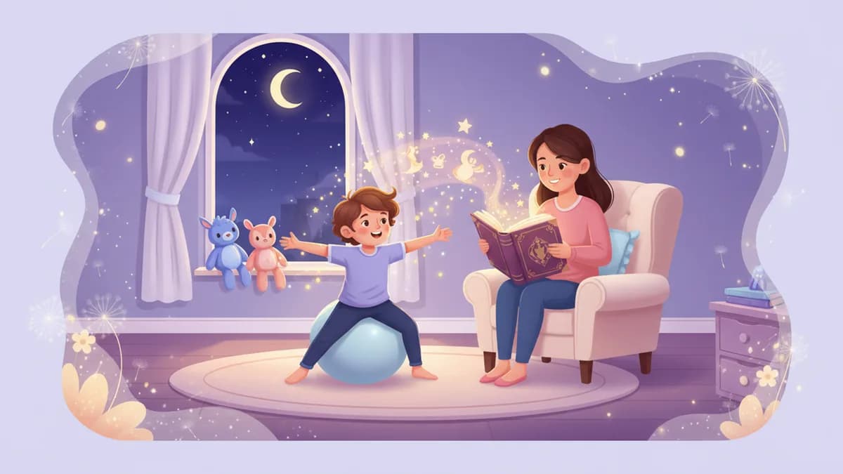 Active child listening to bedtime story while moving and playing