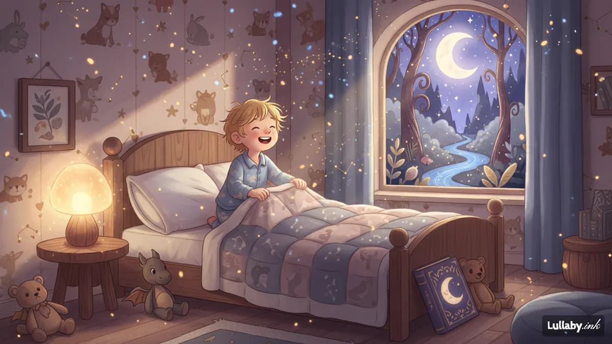 A 4-year-old child happily getting ready for bed with a book on the nightstand