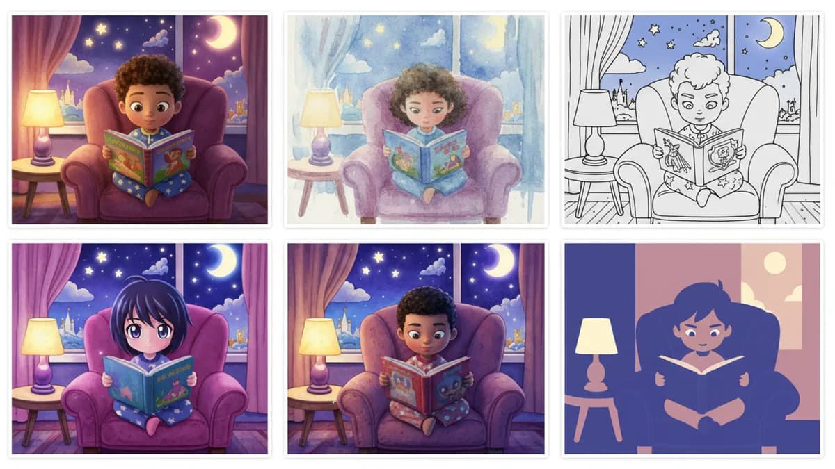 Seven different children's book illustration styles displayed side by side showing the same scene in stylized realism, Pixar, watercolor, comic, anime, claymation, and minimalist aesthetics