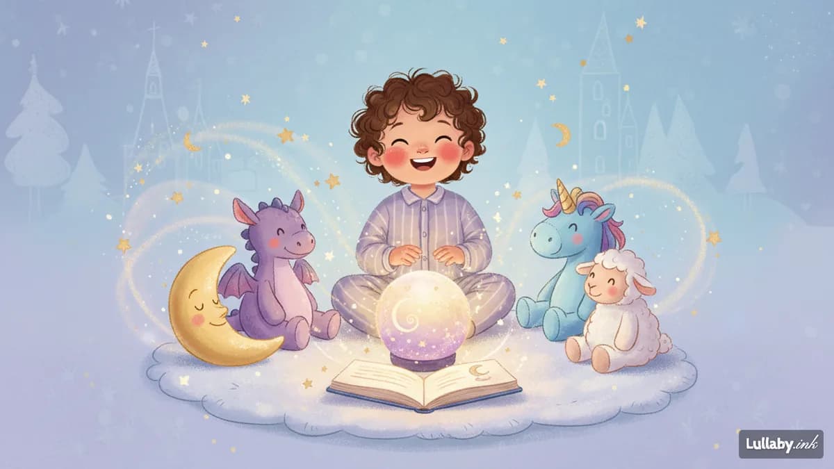A happy toddler surrounded by stuffed animals and a glowing nightlight, ready for a fun bedtime