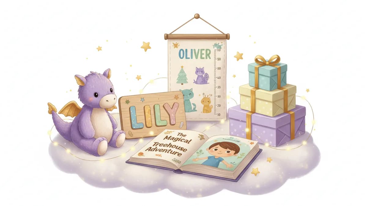 Personalized gifts for kids including custom storybooks, name puzzles, and keepsake items arranged in a colorful display
