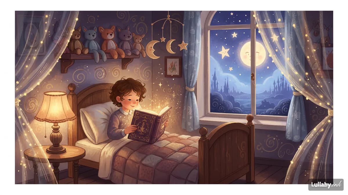 A child reading a storybook in warm lamplight instead of looking at a screen