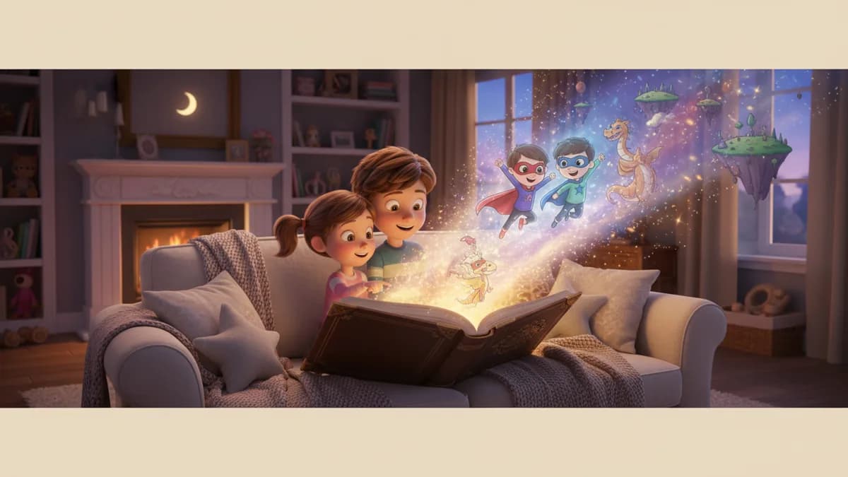 Two siblings reading a personalized storybook together, seeing themselves as adventure heroes on the pages