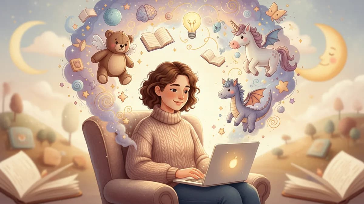 Parent writing creative story prompts on a laptop for AI-generated children's stories