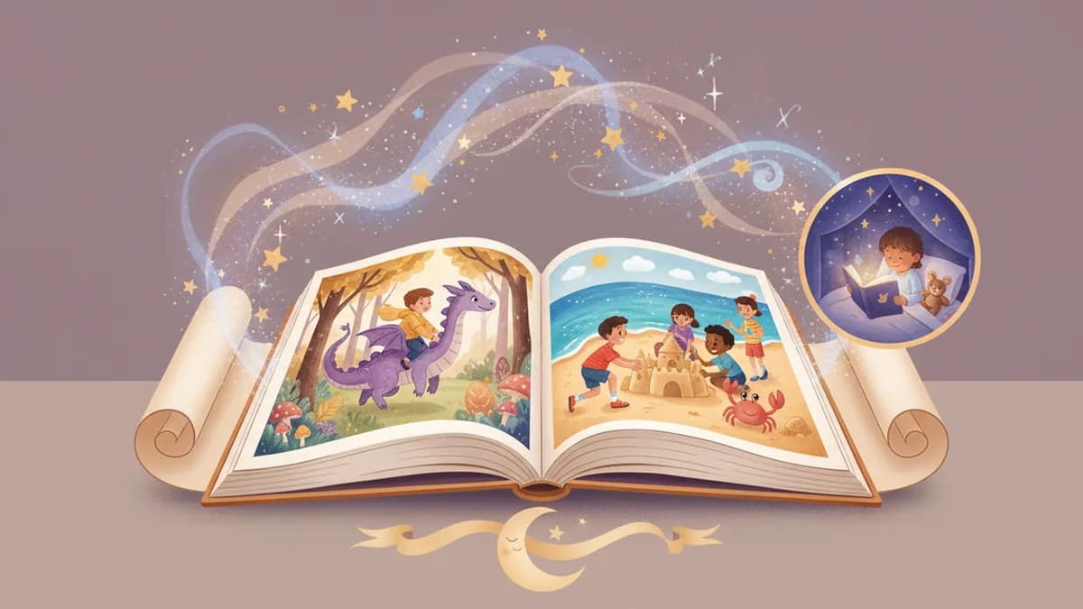 AI-generated illustrated picture book pages featuring cartoon children in different scenes and art styles