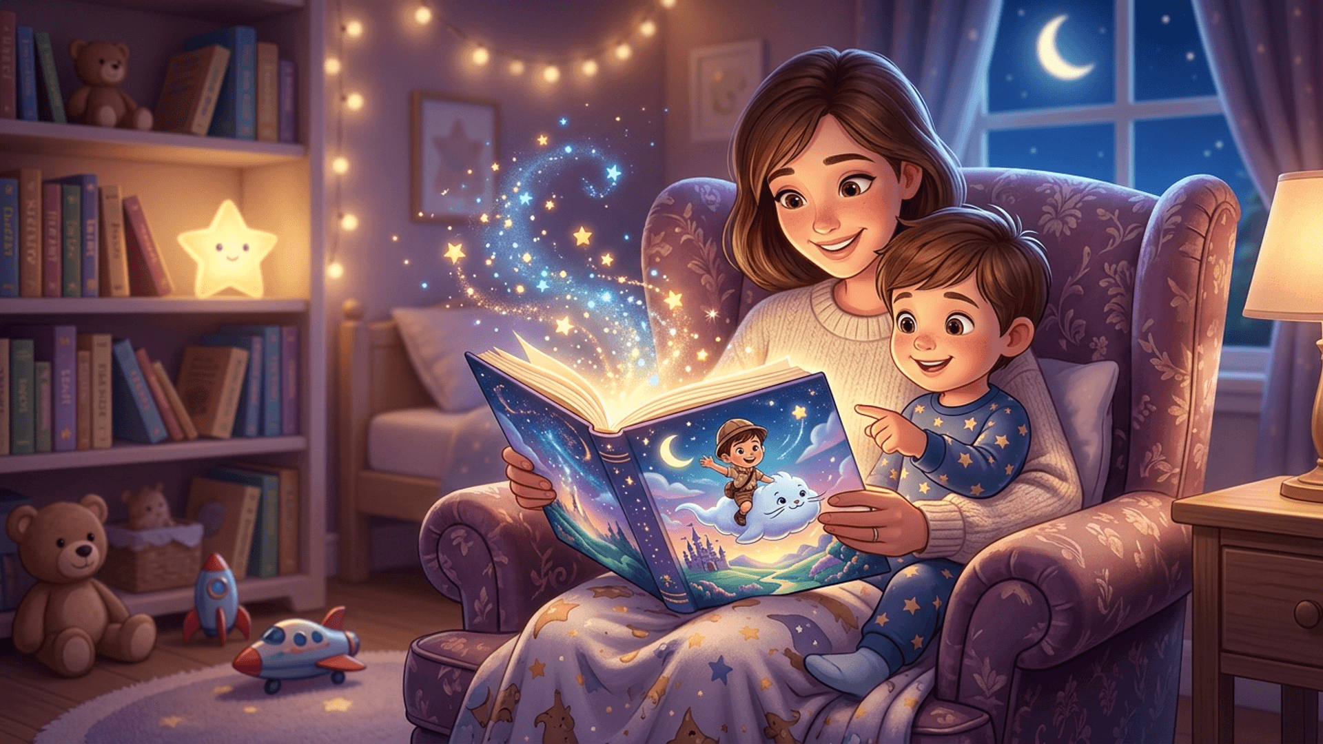 A parent and child reading a personalized AI-generated storybook together at bedtime