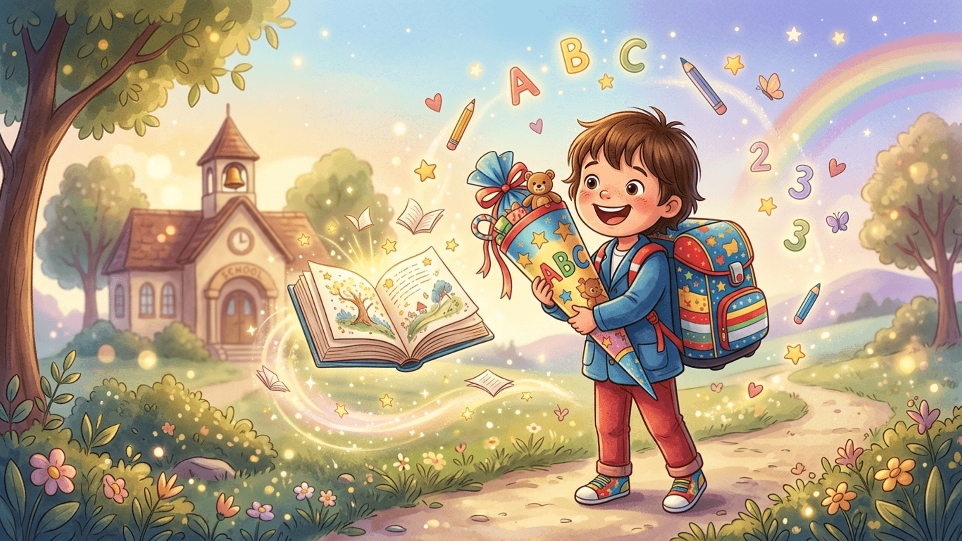 Personalisiertes Kinderbuch zur Einschulung mit illustriertem Kind als Schulkind