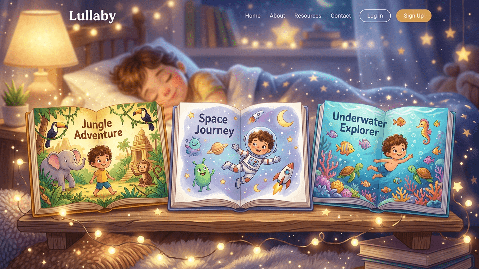 Three personalized children's storybooks spread open showing the same illustrated child character in different adventures