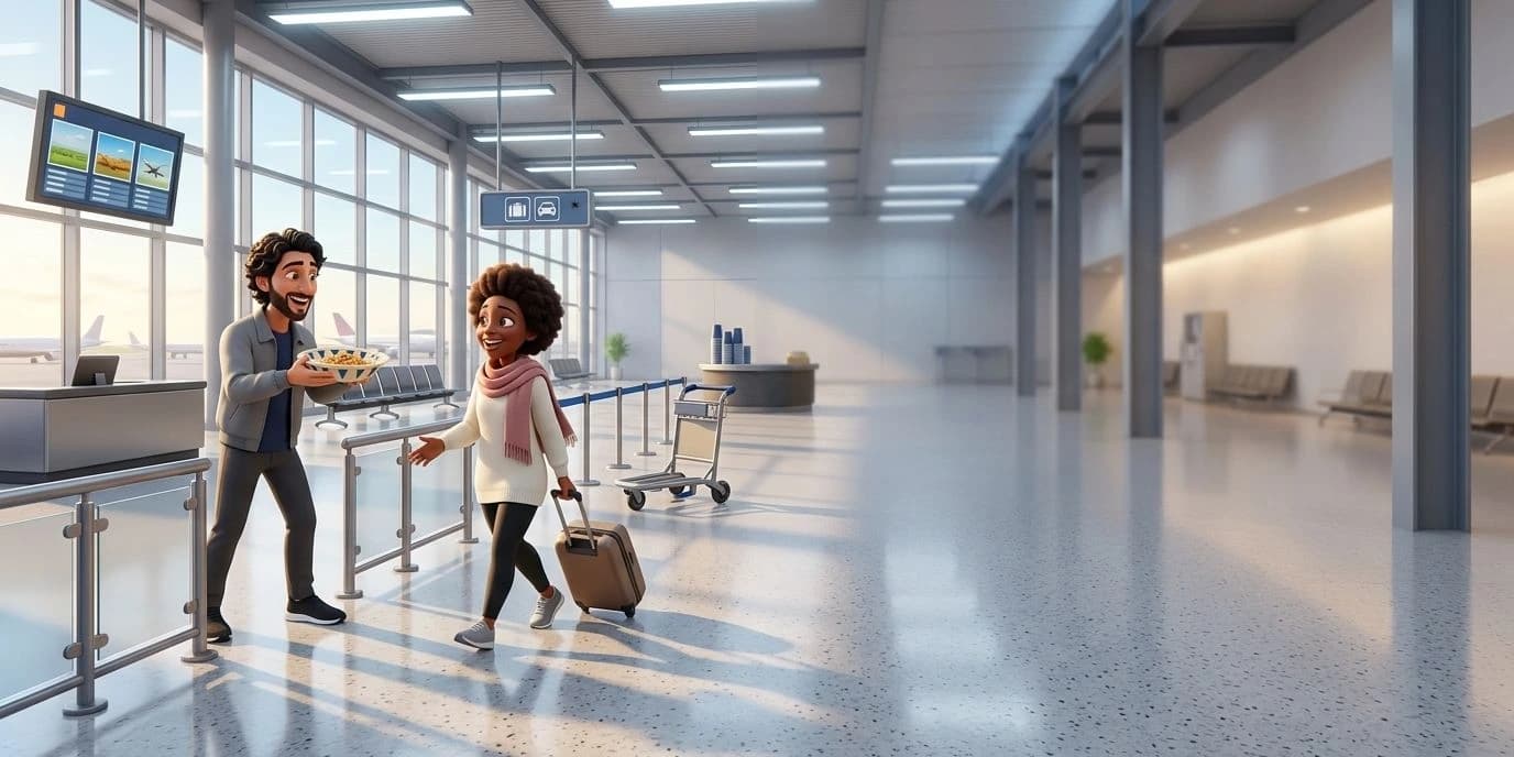 Illustrated page from a long-distance couples storybook: a smiling man holds out a bowl of pasta to a woman pulling a suitcase through airport arrivals, reunited after weeks apart