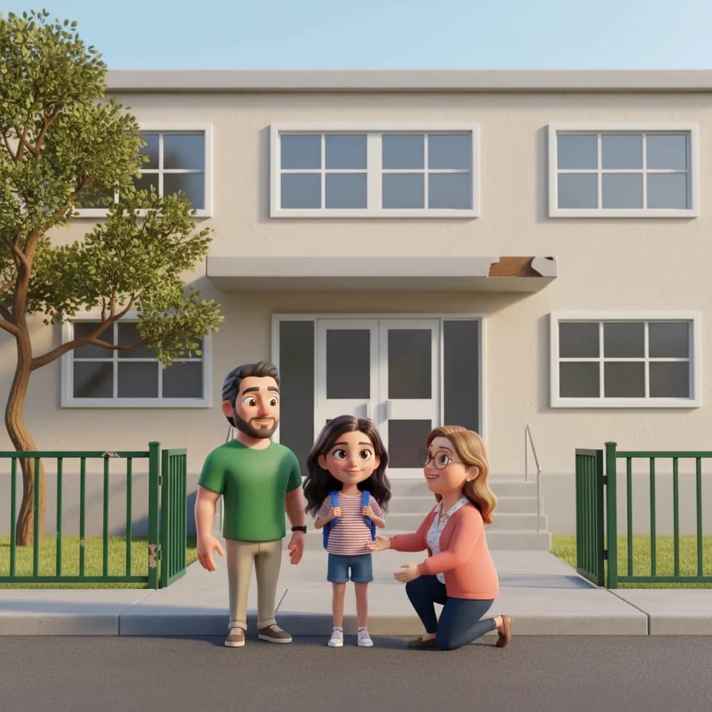 ילדה עומדת בכניסה לבית הספר עם תיק גב צבעוני, מוכנה ונרגשת ליום הראשון בכיתה א׳