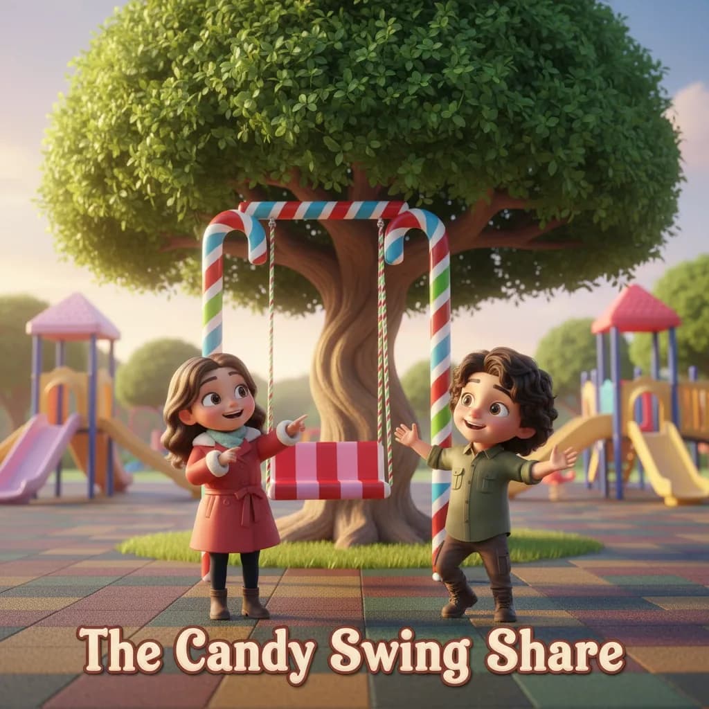 Maya and Rohan, 3-year-old twins, discovering a magical candy swing in Pixar 3D animation style