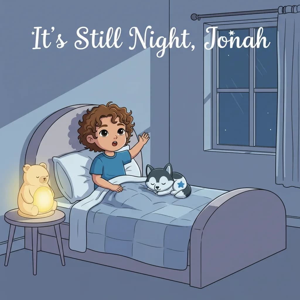 Jonah looking out his window at the night sky in modern minimalist illustration style