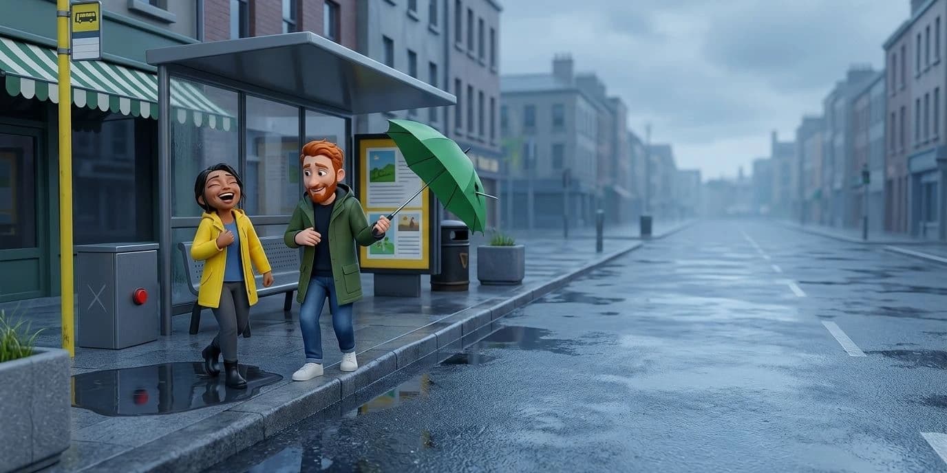 Illustrated page from a couples storybook: a laughing woman in a yellow raincoat and a red-haired, bearded man holding a green umbrella at a bus stop on a rainy city street, the day they met