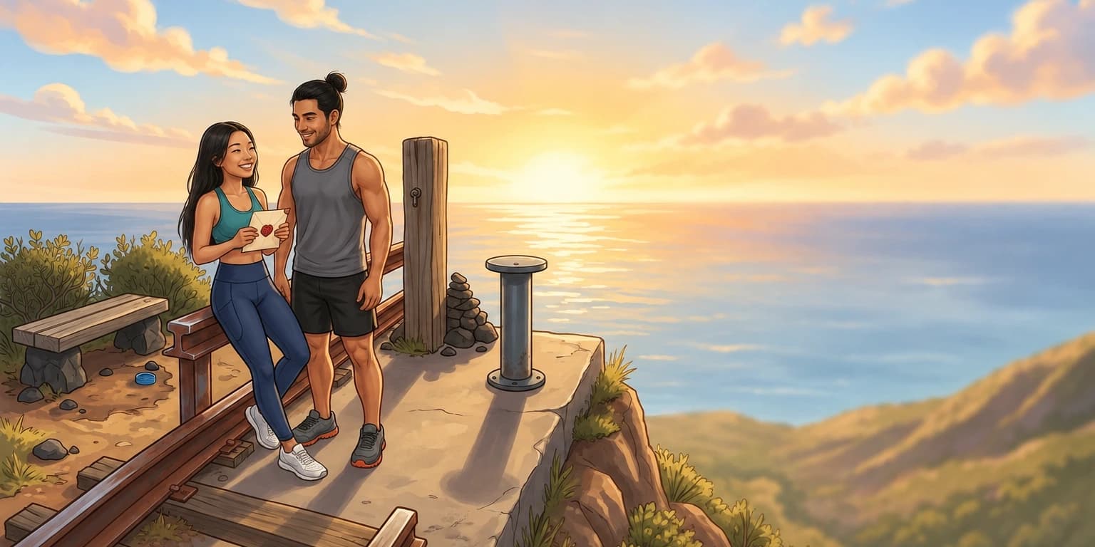 Página ilustrada de un libro de San Valentín para parejas: un hombre y una mujer en un mirador sobre el mar al atardecer, ella abre sonriendo una carta sellada con un corazón rojo