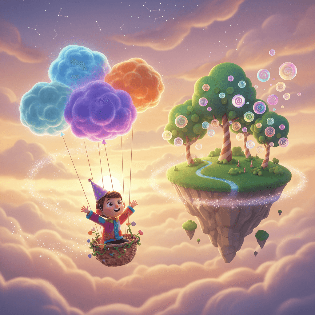 Illustration from a personalized birthday storybook — a child floating above a magical birthday kingdom on a cluster of colorful balloons