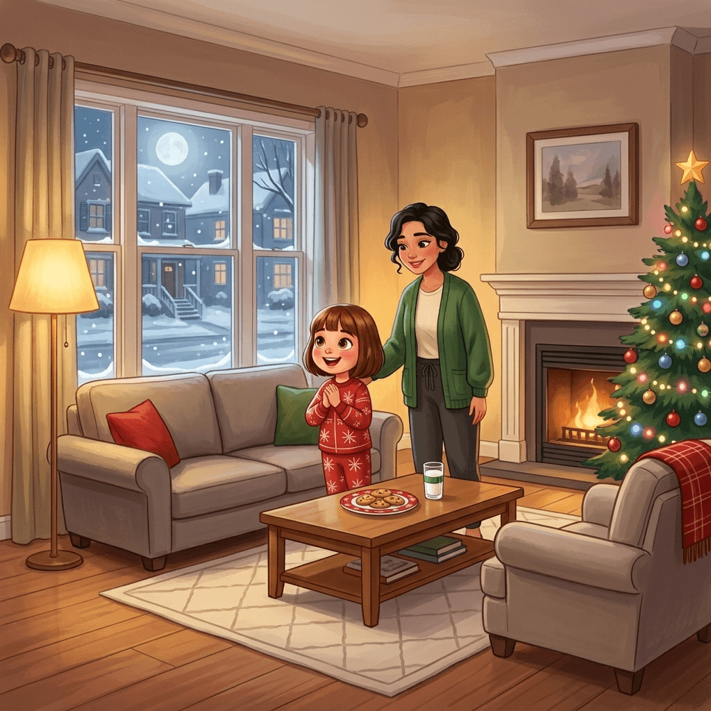 Illustriertes Mädchen im roten Schlafanzug freut sich an Heiligabend neben seiner Mama im gemütlichen Wohnzimmer mit Christbaum, Kaminfeuer, Plätzchen und Milch, draußen Schnee und Vollmond – aus einem personalisierten Weihnachtsbuch