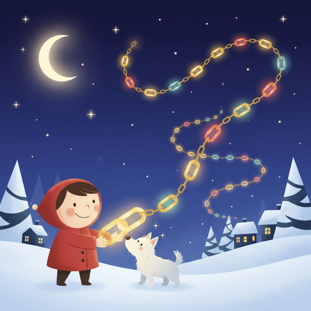 Illustrated child character delivering a chain of kindness through a snowy Christmas town, from a personalized Christmas storybook