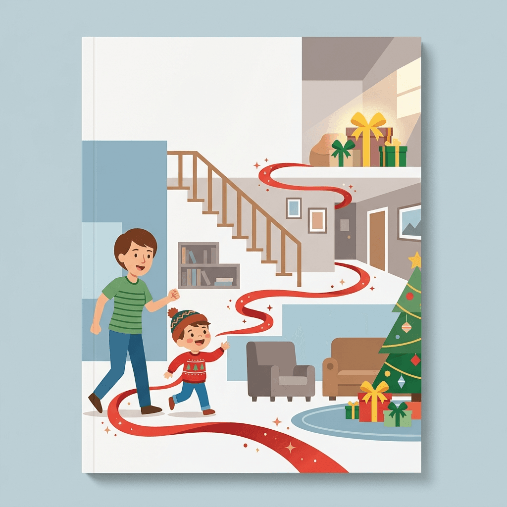 Illustrated child in pajamas following a trail of clues through a Christmas morning living room, from a personalized Christmas storybook