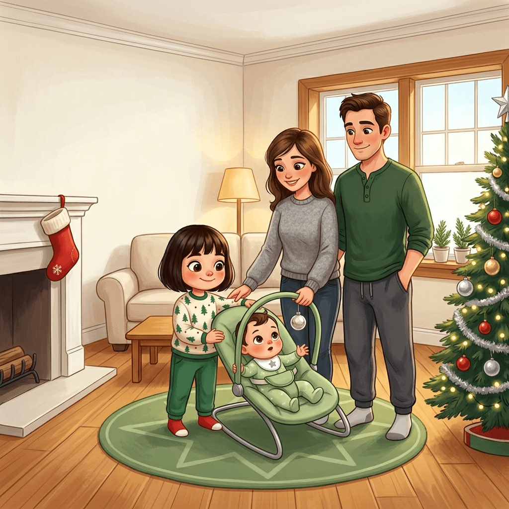 Familia ilustrada junto al árbol de Navidad: una niña en pijama navideño al lado de su hermanito bebé en una hamaca, con mamá y papá detrás y una bota colgada en la chimenea, de un cuento de Navidad personalizado