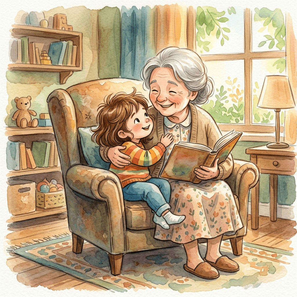 Illustration from a personalized grandparent storybook — a grandmother and grandchild baking together in a warm kitchen, illustrated in watercolor